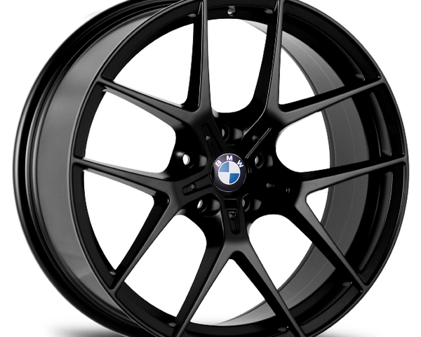 A black, multi-spoke alloy wheel displays the BMW logo at its center, seen against a plain white background.