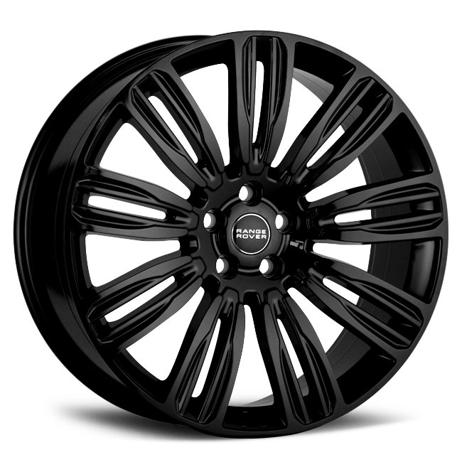 A glossy black car wheel with a multi-spoke design and "RANGE ROVER" inscribed in the center, set against a plain white background.