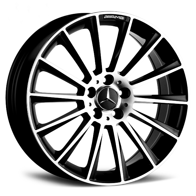 A black and silver car wheel rim features a star emblem in the center and "AMG" text on top, designed for a high-performance vehicle, against a plain white background.
