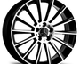 A silver and black alloy wheel features multiple spokes radiating from a central hub with a logo. Text reads "AMG" on the edge. Set against a white background.