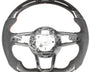 The object is a racing-style car steering wheel with carbon fiber and suede trim. The central section is unfinished, showing wiring and mounting points, against a plain white background.
