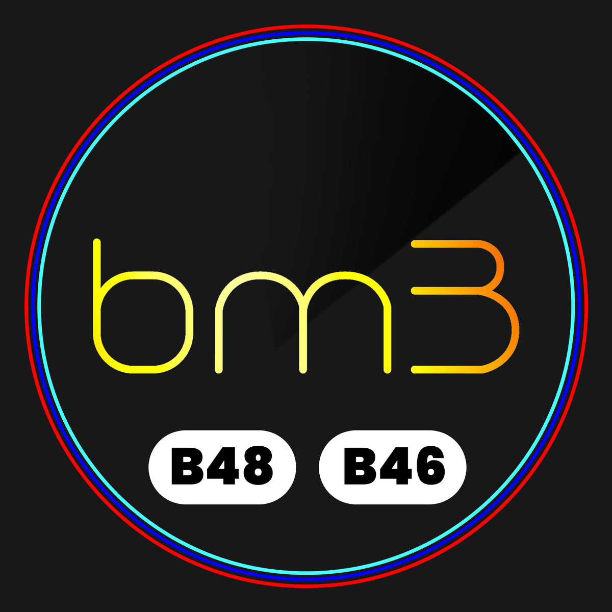 The image features the text "bm3" in gradient yellow-orange, centered on a dark background. Below, "B48" and "B46" appear in black text on white ovals, all encircled by a multicolored ring.