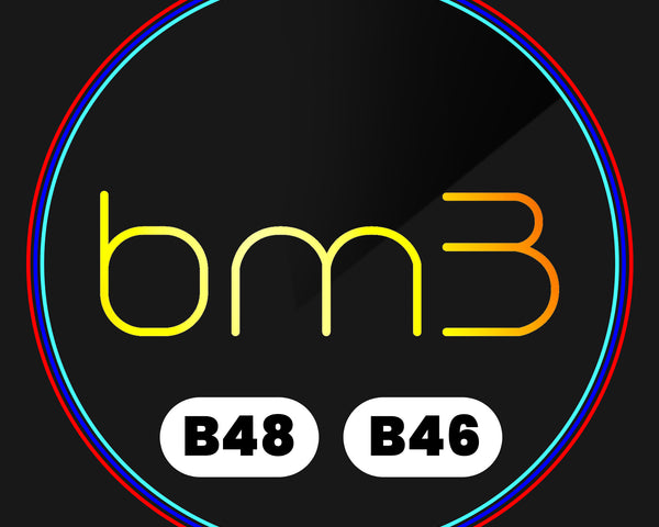 The image features the text "bm3" in gradient yellow-orange, centered on a dark background. Below, "B48" and "B46" appear in black text on white ovals, all encircled by a multicolored ring.
