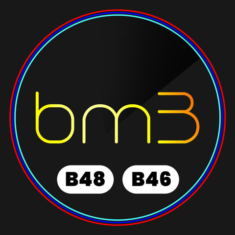The image features the text "bm3" in gradient yellow-orange, centered on a dark background. Below, "B48" and "B46" appear in black text on white ovals, all encircled by a multicolored ring.