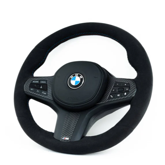 A black BMW steering wheel with control buttons, featuring a carbon fiber design and "M" logo, is set against a plain white background.