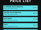 A price list for window tinting, featuring prices for various car types: 