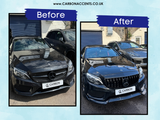 A black Mercedes car shows a before-and-after transformation under the 