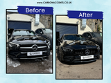 A black Mercedes car before and after a detailing process. The 