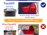 Car tail lights comparison: Facelift (2009-2011) shows a sharper, angular design; Pre-Facelift (2006-2008) has a rounder, less red housing. Text emphasizes: and 