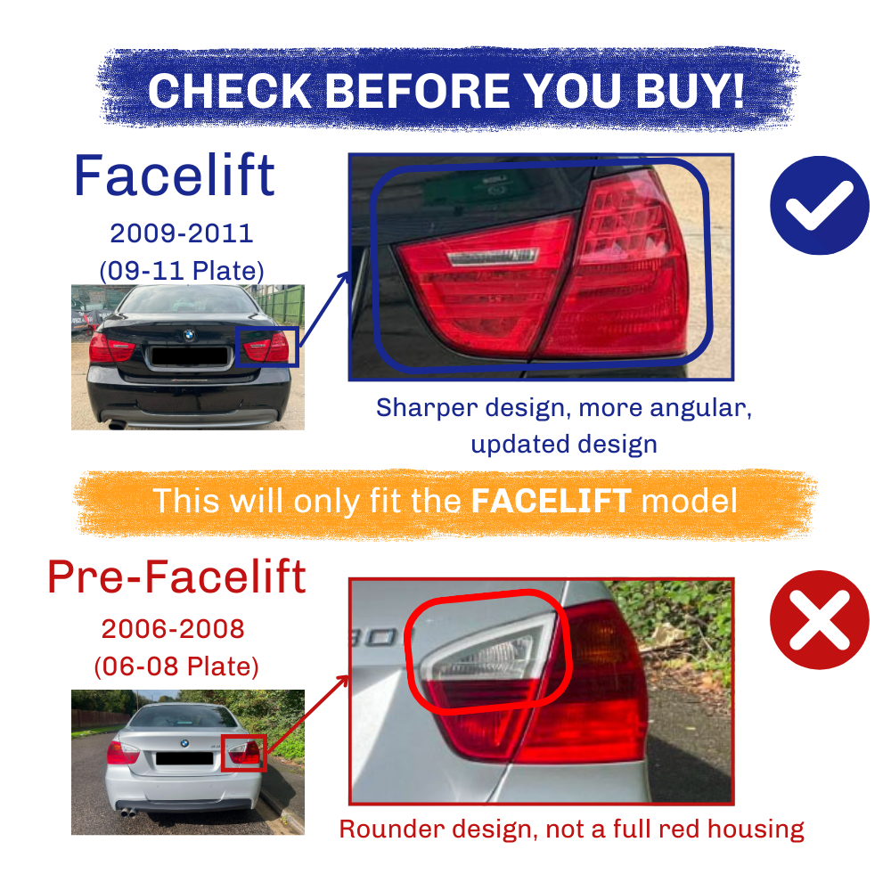 Tail light comparison for BMW models: The facelift model (2009-2011) features a sharper, angular light; the pre-facelift model (2006-2008) has a rounder design. Text: ", "Facelift 2009-2011 (09-11 Plate)", "Sharper design, more angular, updated design", "This will only fit the FACELIFT model", "Pre-Facelift 2006-2008 (06-08 Plate)", "Rounder design, not a full red housing."
