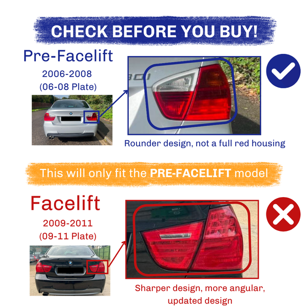 The image highlights tail light differences between pre-facelift (2006-2008) and facelift (2009-2011) car models. The pre-facelift light has a rounder design, while the facelift features a sharper, angular design. Text includes: ", "Pre-Facelift 2006-2008 (06-08 Plate)", "Rounder design, not a full red housing", "This will only fit the PRE-FACELIFT model", "Facelift 2009-2011 (09-11 Plate)", "Sharper design, more angular, updated design".