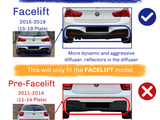 White car rear comparisons: Facelift model (2015-2019) features a dynamic, aggressive diffuser with reflectors. Pre-Facelift model (2011-2014) has a simpler, smoother diffuser. Text: 