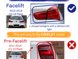 Taillights; comparing models; the image contrasts L-shaped taillights (2015-2019) with square design (2011-2014) on vehicles. Text:  Facelift 2015-2019 (15-19 Plate) L-shaped taillights with a defined LED light. This will only fit the FACELIFT model. Pre-Facelift 2011-2014 (11-14 Plate) Square design, different shape.