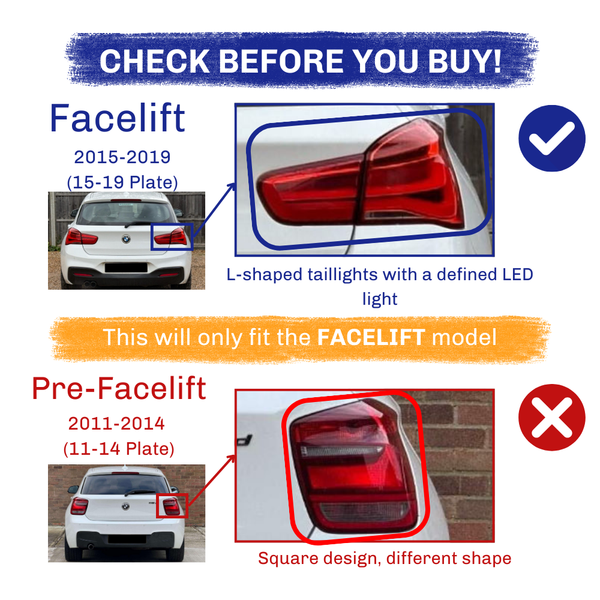 Taillights comparison guide displays with two models: Facelift (2015-2019, L-shaped taillights) and Pre-Facelift (2011-2014, square design). Only fits the Facelift model.