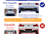 Rear sections of two cars illustrate differences between pre-facelift (2011-2014) and facelift (2015-2019) models. Pre-facelift has a simpler diffuser; facelift features an aggressive design with reflectors. Text:  This will only fit the PRE-FACELIFT model.