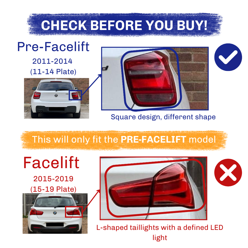 Two car rear views compare taillight designs. The "Pre-Facelift" (2011-2014) has a square design, fitting specific models. The "Facelift" (2015-2019) shows an L-shaped light, which doesn't fit. 
 
 Text: 
 
 
 
 Pre-Facelift 2011-2014 (11-14 Plate) Square design, different shape
 
 This will only fit the PRE-FACELIFT model
 
 Facelift 2015-2019 (15-19 Plate) L-shaped taillights with a defined LED light"