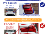 Taillights distinguish pre-facelift (2011-2014, square design) and facelift (2015-2019, L-shaped LED) car models. Text states:  This will only fit the PRE-FACELIFT model.