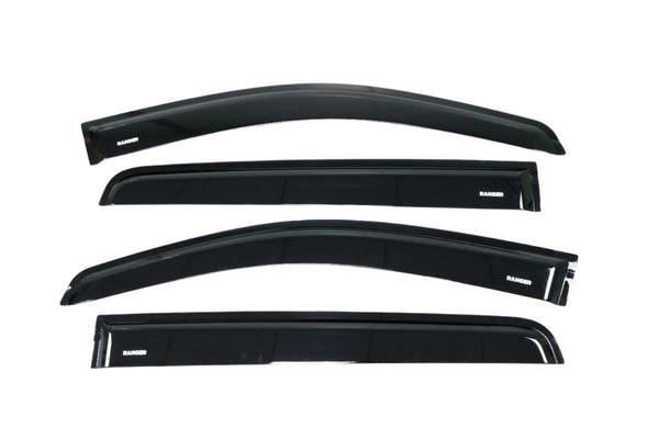 Four black car window visors labeled "RANGER" are arranged horizontally on a plain white background. Each visor has a sleek, curved design suited for automotive installation.