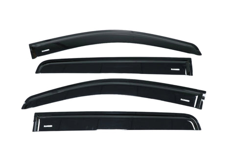 Four black car window visors labeled "RANGER" are arranged horizontally on a plain white background. Each visor has a sleek, curved design suited for automotive installation.