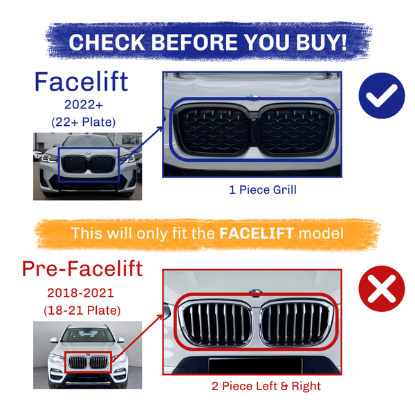 Car grilles are compared: "Facelift" model (2022+, 1 piece) is correct; "Pre-Facelift" (2018-2021, 2 pieces) is incorrect. Text:  This will only fit the FACELIFT model."