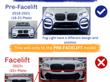 BMW cars, highlighting differences in front bumpers and fog lights between pre-facelift (2018-2021) and facelift models (2022+). Includes a reminder to check compatibility before purchasing. Text:  Pre-Facelift 2018-2021 (18-21 Plate) Fog Light have a different design and position This will only fit the PRE-FACELIFT model Facelift 2022+ (22+ Plate) More aggressive, sculpted front bumper with sharper lines and larger air intakes.