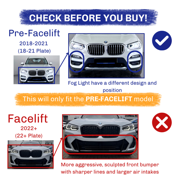 A comparison guide for BMW models. Top: Pre-Facelift (2018-2021) with unique fog light design. Bottom: Facelift (2022+) features aggressive bumper and larger intakes. Text: "This will only fit the PRE-FACELIFT model."