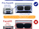A visual guide compares grille designs of BMW models. Pre-Facelift (2018-2021) features a two-piece grille, while Facelift (2022+) has a one-piece design. Text warns: 