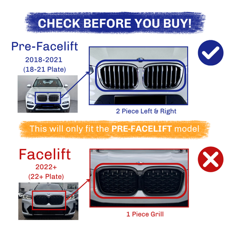 A visual guide compares grille designs of BMW models. Pre-Facelift (2018-2021) features a two-piece grille, while Facelift (2022+) has a one-piece design. Text warns: "