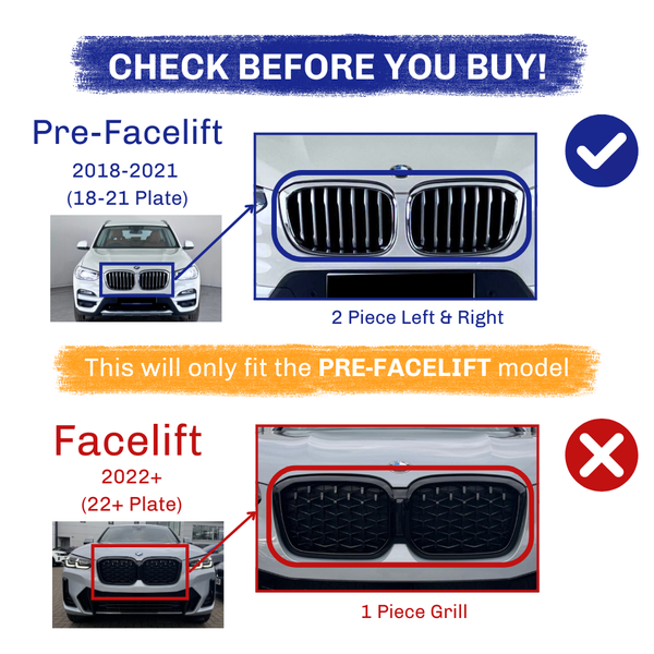 Car grilles are compared: a pre-facelift model (2018-2021) with a two-piece design vs. a facelift model (2022+) with a one-piece design. Text emphasizes checking compatibility before purchase.