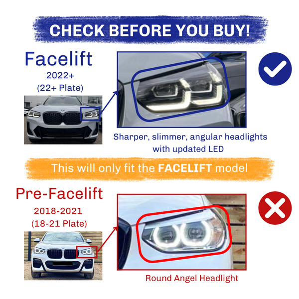 Check before you buy! Facelift (2022+) features sharper, slimmer angular headlights with updated LED. Pre-Facelift (2018-2021) has round angel headlights. Only fits the FACELIFT model.