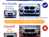 Car front bumpers compared: Top shows a pre-facelift model (2018-2021) with distinctive fog light design; bottom shows a facelift model (2022+) with a sculpted bumper and larger air intakes. Text:  Pre-Facelift 2018-2021 (18-21 Plate) Fog Light have different design and position. This will only fit the PRE-FACELIFT model. Facelift 2022+ (22+ Plate) More aggressive, sculpted front bumper with larger air intakes.