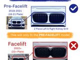 Car grille comparison, showing pre-facelift and facelift models. Pre-facelift (2018-2021) has a 2-piece grille; facelift (2022+) has a 1-piece grille. Text: and compatibility details.