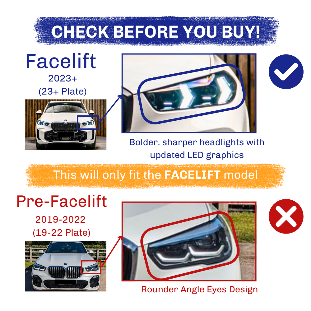A comparison of car headlights: "Facelift" 2023+ models feature bolder, sharper LED graphics, while "Pre-Facelift" 2019-2022 models have rounder designs. Text:  This will only fit the FACELIFT model."