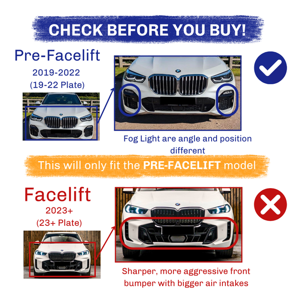 A comparison of BMW car front bumpers with model years and details: 
 
 - Pre-Facelift (2019-2022): Fog light angle and position difference.
 - Facelift (2023+): Sharper bumper, larger air intakes.
 
 Text: 
 - "
 - "Pre-Facelift 2019-2022 (19-22 Plate)"
 - "Fog Light are angle and position different"
 - "This will only fit the PRE-FACELIFT model"
 - "Facelift 2023+ (23+ Plate)"
 - "Sharper, more aggressive front bumper with bigger air intakes"