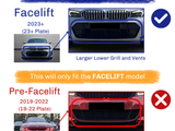 A comparative graphic showing front views of facelift and pre-facelift car models. Facelift (2023+) features a larger lower grill and vents; pre-facelift (2019-2022) has a smaller grill. Text:  This will only fit the FACELIFT model.