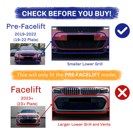 Car front grills versus design comparison. Pre-Facelift (2019-2022) has a smaller lower grill; Facelift (2023+) has larger grill and vents. Text: “CHECK BEFORE YOU BUY! This will only fit the PRE-FACELIFT model.”