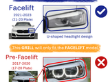 A comparison of car headlight designs for Facelift (2021-2023, U-shaped) and Pre-Facelift (2017-2020, Circular Angel). Text: 