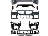 Car bumper kit with multiple parts, arranged symmetrically. Includes front and rear bumpers, grills, and mounting brackets, displayed on a plain white background for easy viewing and organization.