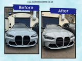 BMW car undergoes front grill transformation in garage. Text: 