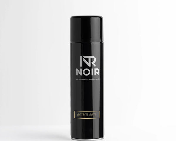 Black cylindrical can labeled "NR NOIR High Pressured Deodoriser" with "GREAT OUD" in a gold-bordered rectangle, standing upright against a plain white background.
