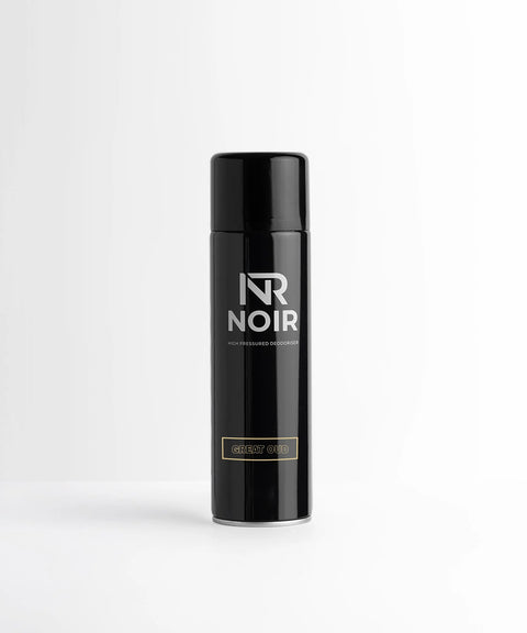 Black cylindrical can labeled "NR NOIR High Pressured Deodoriser" with "GREAT OUD" in a gold-bordered rectangle, standing upright against a plain white background.