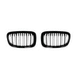 Two black, oval-shaped car grilles with vertical slats sit side by side against a plain white background, suggesting automotive components for vehicle front ends.