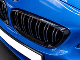 The blue BMW car front shows a kidney grille with vertical slats, featuring the BMW emblem above it, situated in an indoor environment with overhead lighting.