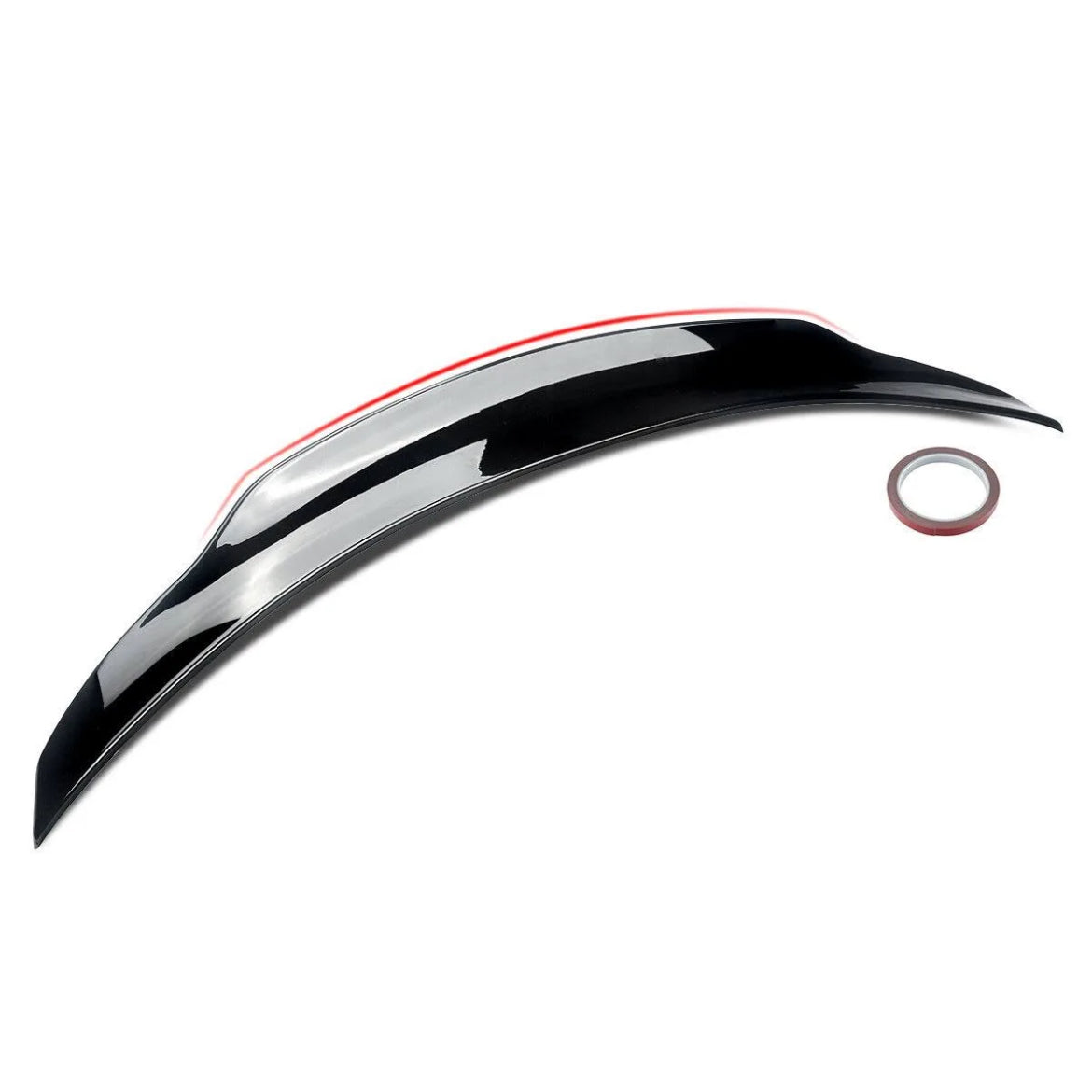 A glossy black car spoiler sits on a white background, accompanied by a small roll of adhesive tape, emphasizing its installation purpose.