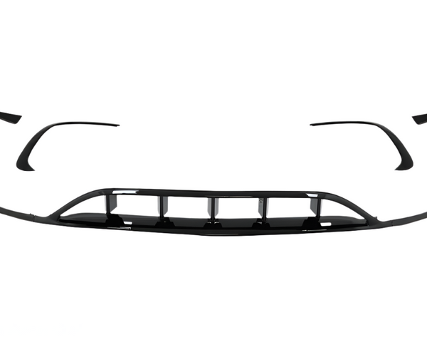 A black front bumper splitter with aerodynamic fins, arranged in sections, isolated against a white background.