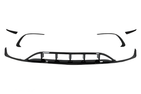A black front bumper splitter with aerodynamic fins, arranged in sections, isolated against a white background.