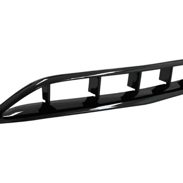 A glossy black car rear diffuser with four vertical fins, designed for aerodynamic efficiency, sits against a plain white background.