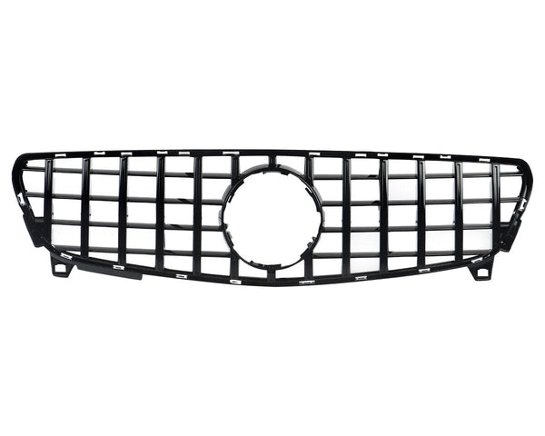 A black car grille with vertical and horizontal bars forms a grid pattern, featuring a circular center frame, set against a plain white background.