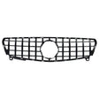 A black car grille with vertical and horizontal bars forms a grid pattern, featuring a circular center frame, set against a plain white background.