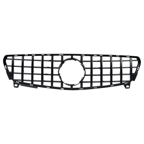 A black car grille with vertical and horizontal bars forms a grid pattern, featuring a circular center frame, set against a plain white background.